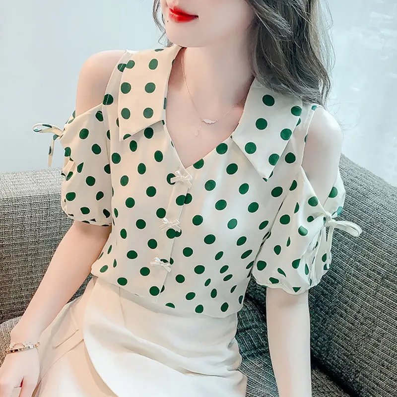 Women Clothes Summer Korean Fashion Button Polo Collar Off Shoulder Blouse Ladies Simplicity Polka Dot Solid Color Appear Thin
Women Clothes Summer Korean Fashion Button Polo Collar Off Shoulder Blouse Ladies Simplicity Polka Dot Solid Color Appear Thin