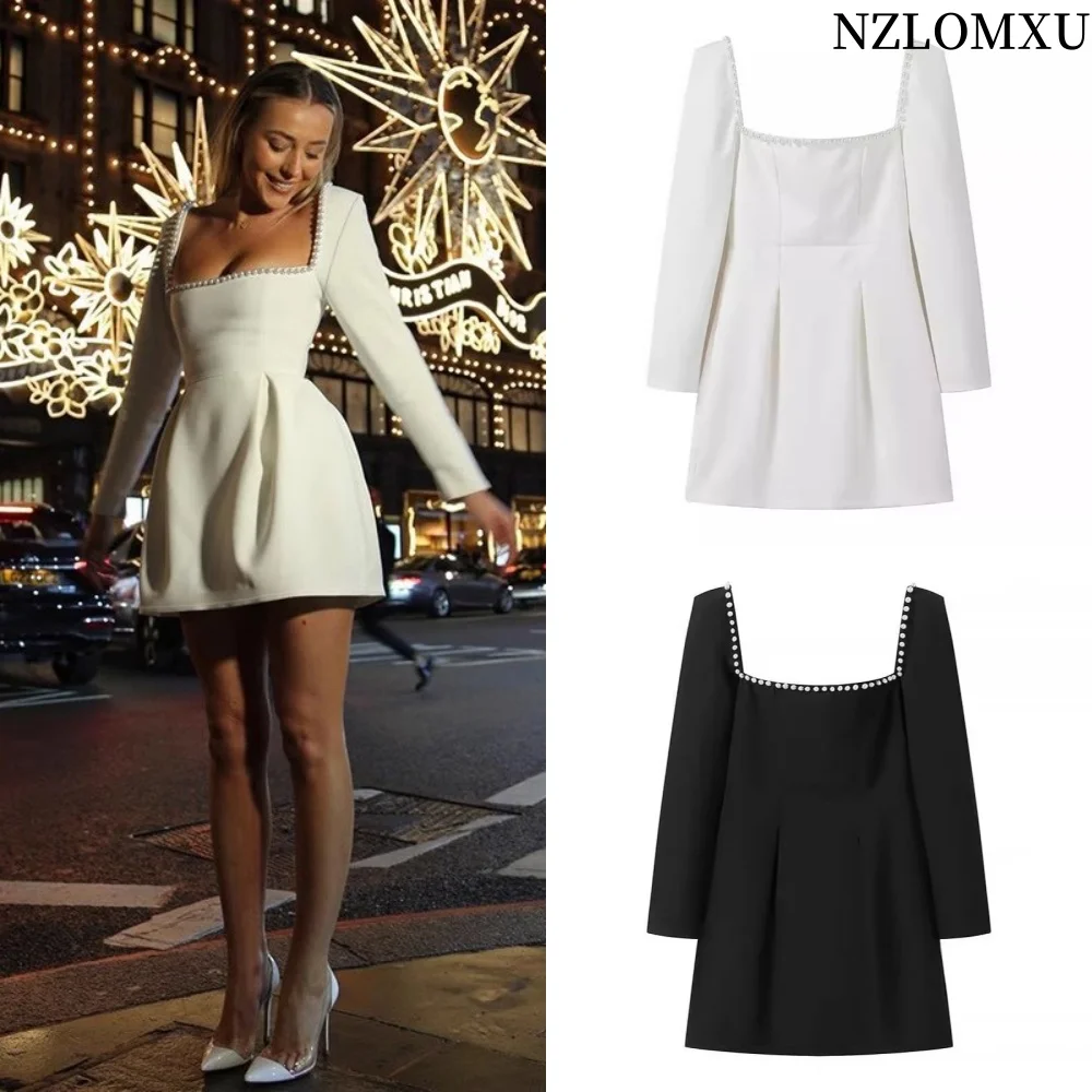 Faux Pearls Black White Dress Woman Spring Long Sleeve Mini Dress French Style Short Dresses Women Elegant Party Dresses
Faux Pearls Black White Dress Woman Spring Long Sleeve Mini Dress French Style Short Dresses Women Elegant Party Dresses 
