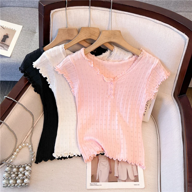Eyelet Lace Trim Buttons Short Sleeve Tees Women New Casual Slim Streetwear Tops Femme Sweet Vintage Preppy Style T-shirts Y2K
Eyelet Lace Trim Buttons Short Sleeve Tees Women New Casual Slim Streetwear Tops Femme Sweet Vintage Preppy Style T-shirts Y2K