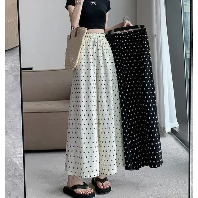 Черно-белые брюки-палаццо в горошек для женщин, летние, тонкие, с высокой талией, из ледяного шелка, укороченные юбки-брюки
Черно-белые брюки-палаццо в горошек для женщин, летние, тонкие, с высокой талией, из ледяного шелка, укороченные юбки-брюки