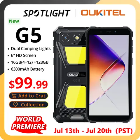 【World premier】Oukitel G5 Rugged Smartphone Dual Camping Lights 16GB(4+12) +128GB 6300mAh 5MP 13MP 6" HD Cell Phone