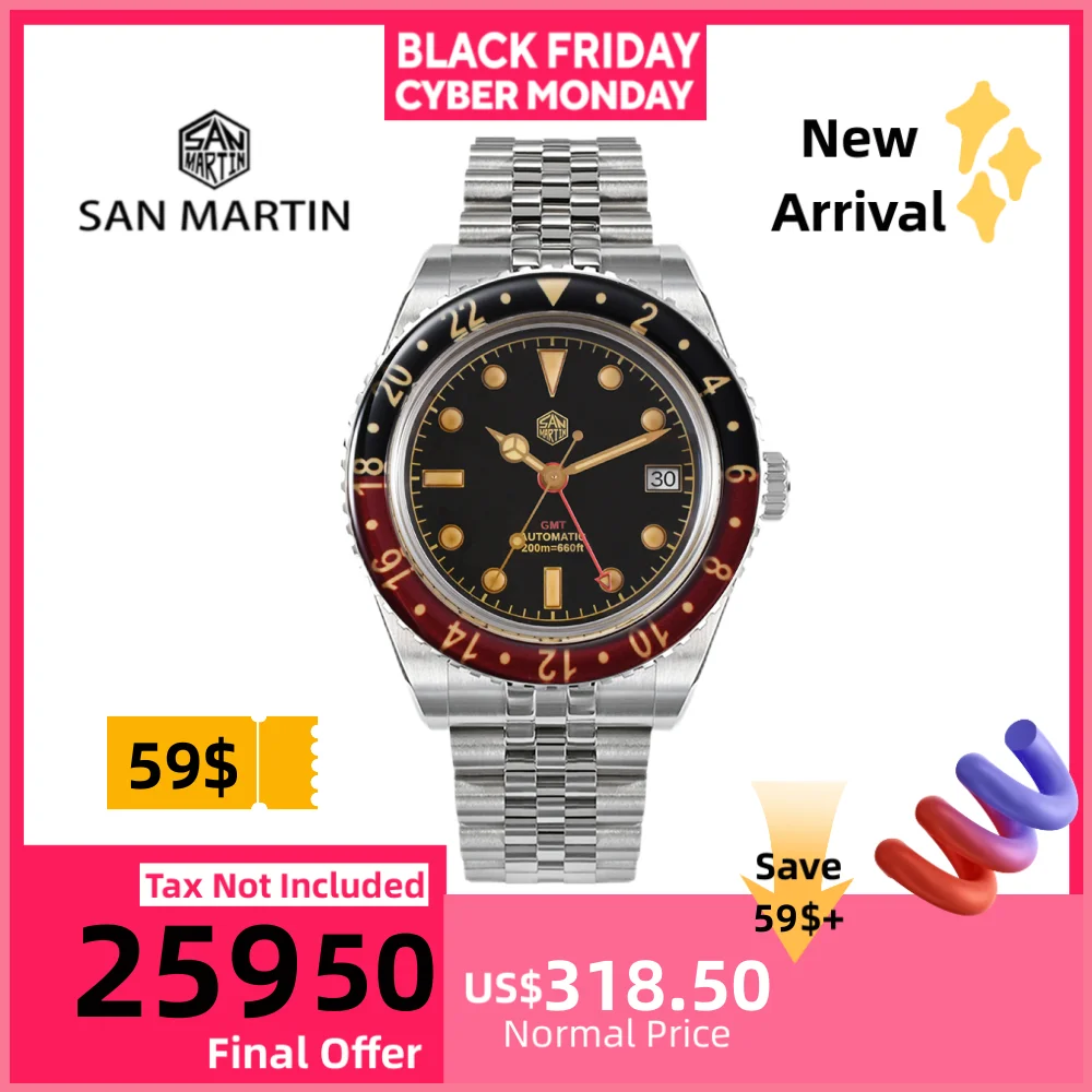 San Martin Retro 40mm Bidirectional Sapphire Crystal Bezel Men NH34 GMT Diver's Watch 20Bar C3 Green Luminous SN0005B-3
San Martin Retro 40mm Bidirectional Sapphire Crystal Bezel Men NH34 GMT Diver's Watch 20Bar C3 Green Luminous SN0005B-3