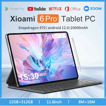 2024 오리지널 글로벌 버전 태블릿 PC, 안드로이드 12 패드 6 프로, 스냅드래곤 870, 12GB + 512GB, 5G 듀얼 SIM 카드, 와이파이 HD 4K Mi Tab