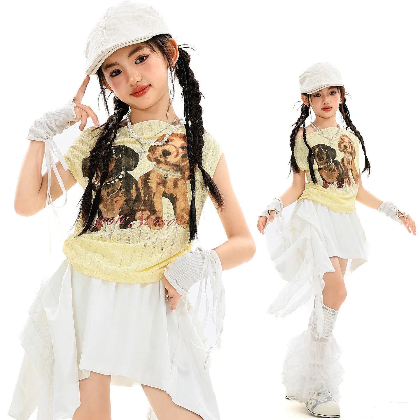 Kid Kpop Hip Hop Clothing Yellow Cute Dog Print T Shirt White Street Lace Trim Mini Skirt for Girl Jazz Dance Costumes Clothes
Kid Kpop Hip Hop Clothing Yellow Cute Dog Print T Shirt White Street Lace Trim Mini Skirt for Girl Jazz Dance Costumes Clothes
