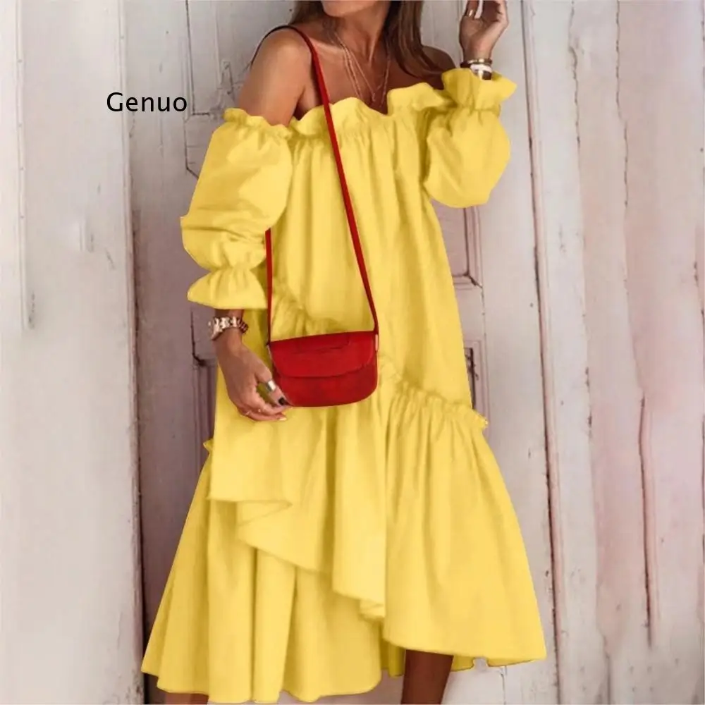 Spring elegant irregular sexy off-the-shoulder long-sleeved dress new simple casual solid color loose long dress
Spring elegant irregular sexy off-the-shoulder long-sleeved dress new simple casual solid color loose long dress