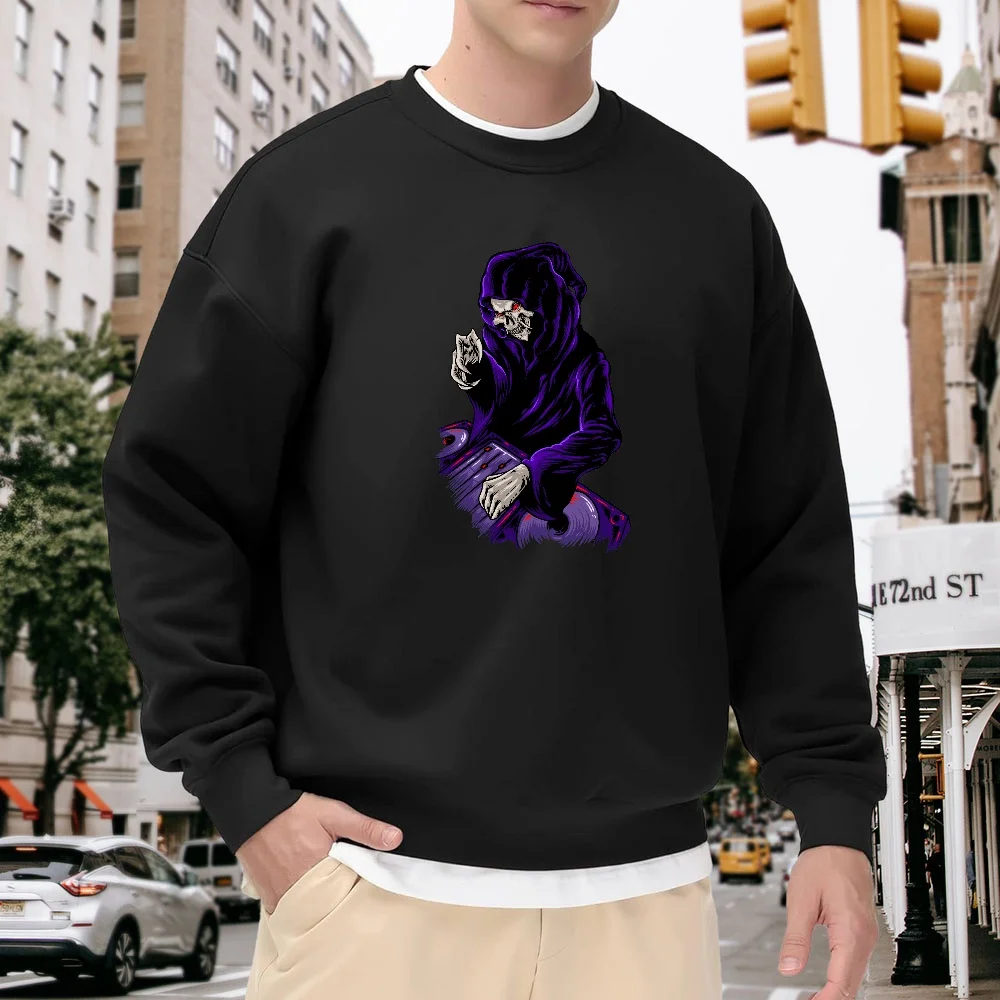 Men's Black Crew Neck Loose Sweatshirt, Trendy Grim Reaper Dj Print Top, Street Casual Style Versatile Piece, Comfortable and Fashionable Pullover for Everyday Wear
Men's Black Crew Neck Loose Sweatshirt, Trendy Grim Reaper Dj Print Top, Street Casual Style Versatile Piece, Comfortable and Fashionable Pullover for Everyday Wear