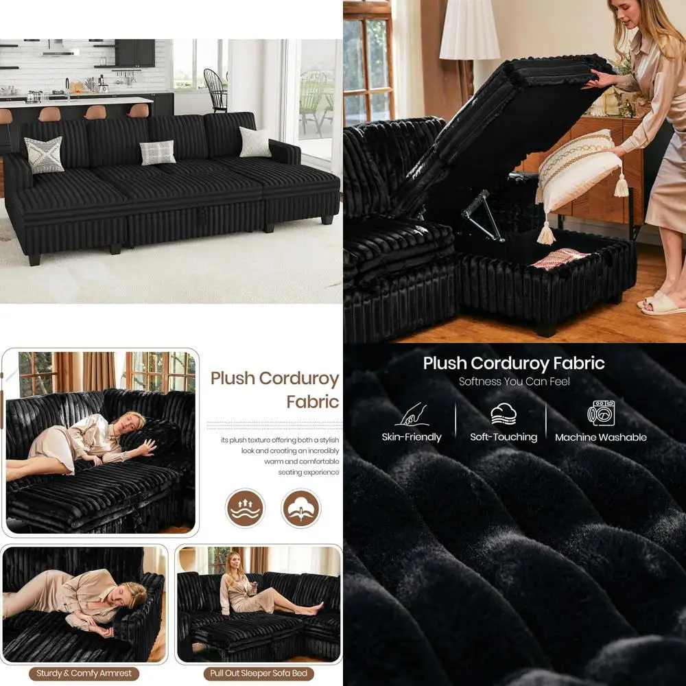 Sectional Sleeper Sofa with Pull-Out Couch Bed, Corduroy Double Chaise, Storage-Enabled Black Couch
Sectional Sleeper Sofa with Pull-Out Couch Bed, Corduroy Double Chaise, Storage-Enabled Black Couch