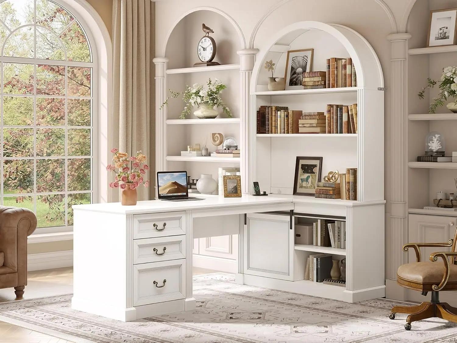 67" L Shaped Desk with Tall Arched Bookshelf, Mid-Century Office Computer Desk with 3 Drawers and Storage Shelves,, Customized
67" L Shaped Desk with Tall Arched Bookshelf, Mid-Century Office Computer Desk with 3 Drawers and Storage Shelves,, Customized