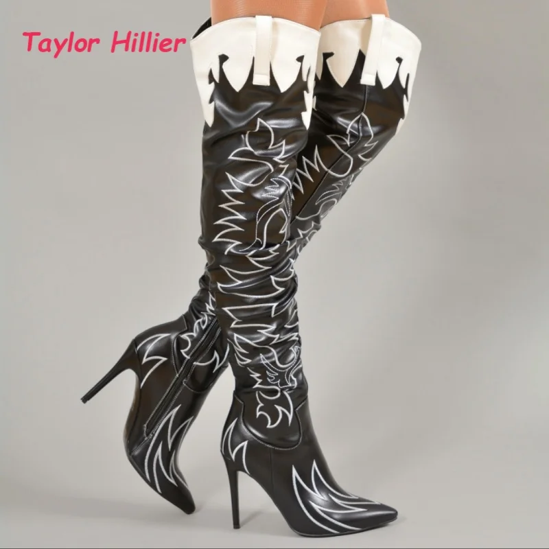 Pointed Toe Black Leather Over-Knee Stiletto Boots Women Western White Embroidery Side Zip Ladies Street Evening Fashion Shoes
Pointed Toe Black Leather Over-Knee Stiletto Boots Women Western White Embroidery Side Zip Ladies Street Evening Fashion Shoes