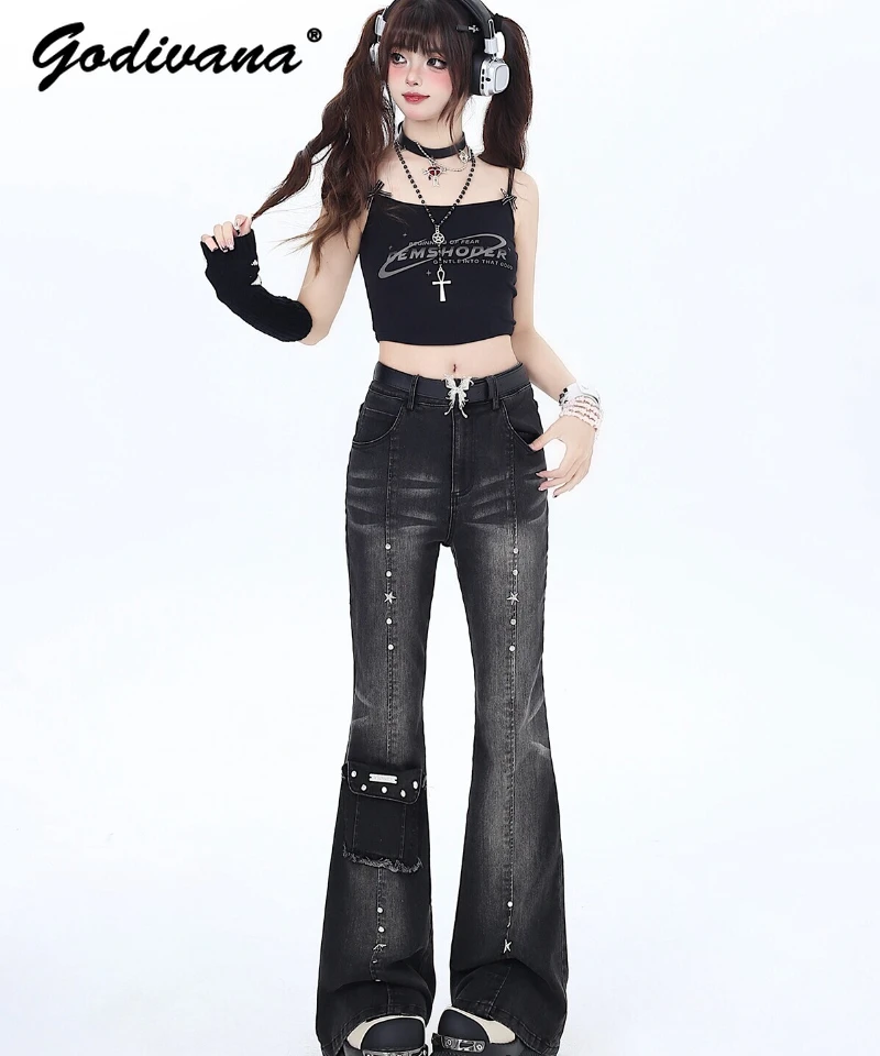 Retro Hot Girl High Waist Slimming Denim Trousers Female Spring Summer Rivet Pocket Gray Black Flare Jeans Women
Retro Hot Girl High Waist Slimming Denim Trousers Female Spring Summer Rivet Pocket Gray Black Flare Jeans Women