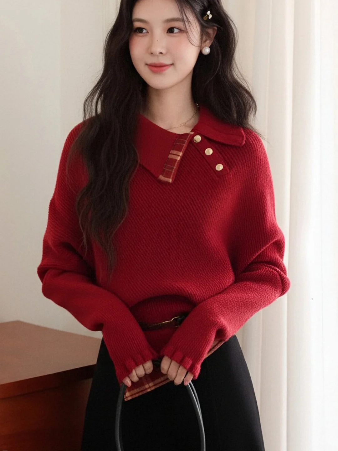 Korean Style Christmas Atmosphere Red Collar Knitted Sweater Women's Autumn Winter Design Unique Batwing Sleeve Versatile Top
Korean Style Christmas Atmosphere Red Collar Knitted Sweater Women's Autumn Winter Design Unique Batwing Sleeve Versatile Top