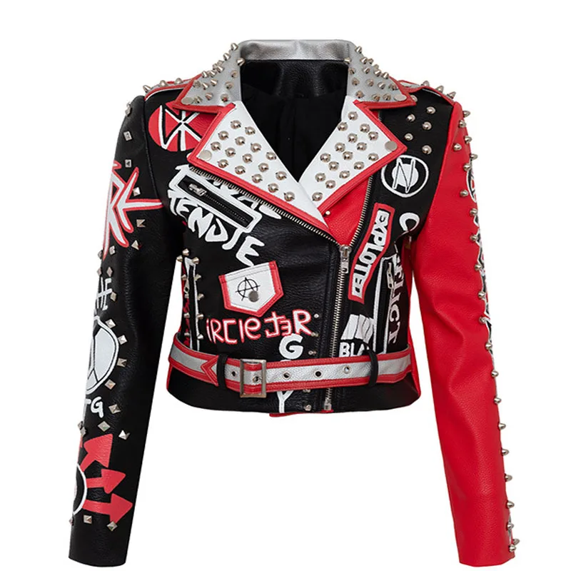 Ladies 2024 New Vintage Short Slim coatt Graffiti Print Contrast Color Motorcycle Women Pu Leather Jacket
Ladies 2024 New Vintage Short Slim coatt Graffiti Print Contrast Color Motorcycle Women Pu Leather Jacket