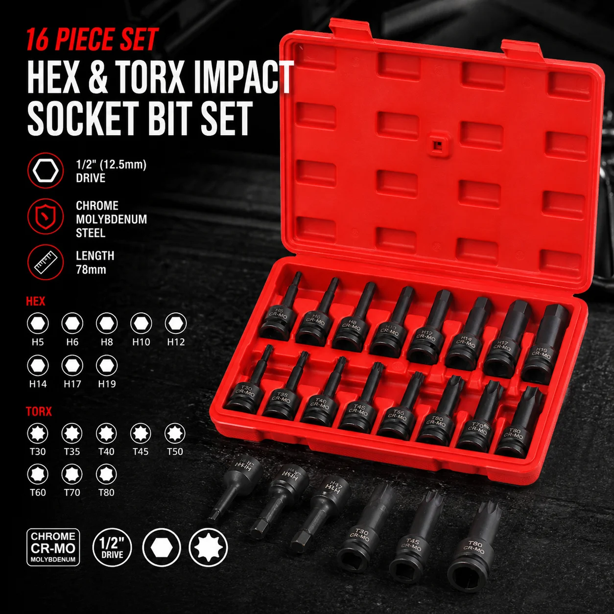 1/2" Drive Master Impact Hex Torx Bit Socket Set, Metric CR-MO Steel Heavy Duty Allen Sockets for Auto Repair Mechanic Tools
1/2" Drive Master Impact Hex Torx Bit Socket Set, Metric CR-MO Steel Heavy Duty Allen Sockets for Auto Repair Mechanic Tools