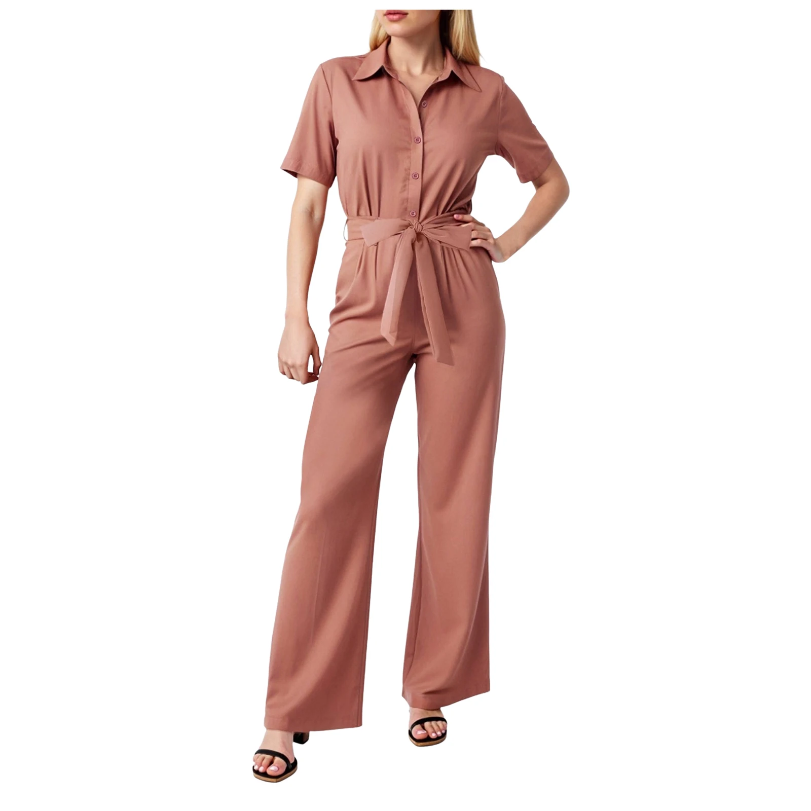 Women's Jumpsuit 2025 New Elegant Lapel Short Sleeve Button Down Jumpsuit Casual Long Romper With Drawstring Summer Outfits
Women's Jumpsuit 2025 New Elegant Lapel Short Sleeve Button Down Jumpsuit Casual Long Romper With Drawstring Summer Outfits