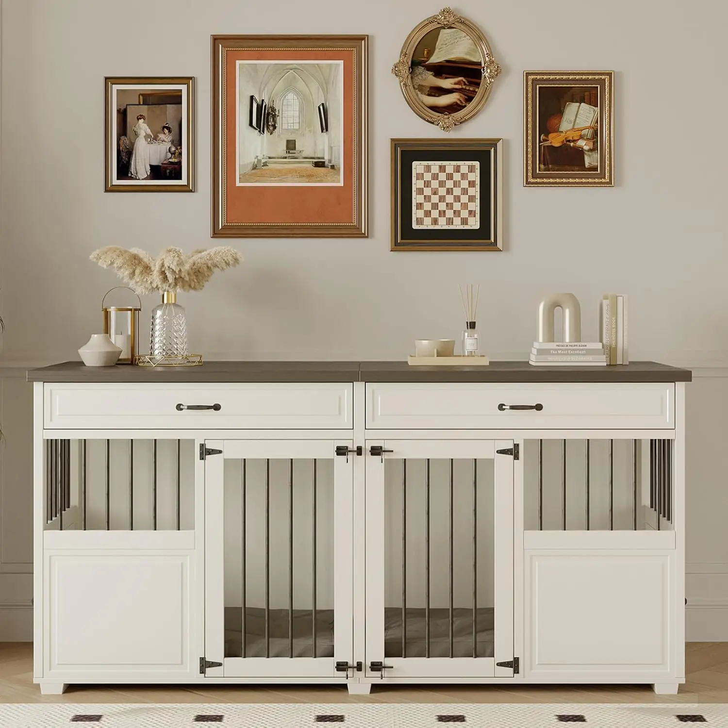 Dog Crate Furniture - Indoor Wood Dog Kennel Furniture 4 Doors with Divider and 2 Drawers - 72' L x 23.6' W x 34.8' H, White
Dog Crate Furniture - Indoor Wood Dog Kennel Furniture 4 Doors with Divider and 2 Drawers - 72' L x 23.6' W x 34.8' H, White