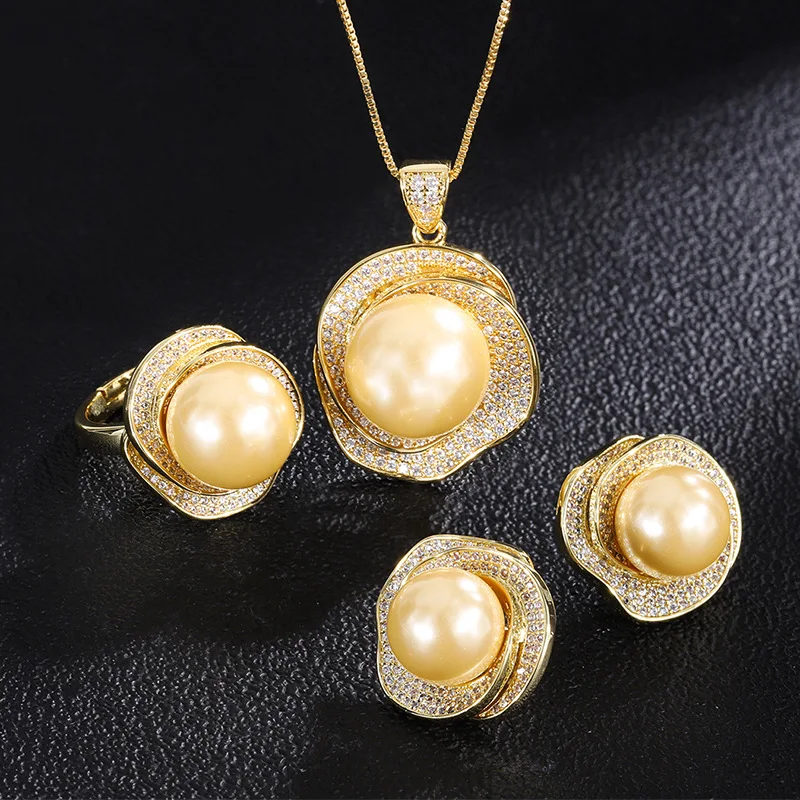 Gold Color Shell Bead Pearl Jewelry Luxury Pendant Necklace Stud Earring Ring Set Rose Flower Design Party Accessory
Gold Color Shell Bead Pearl Jewelry Luxury Pendant Necklace Stud Earring Ring Set Rose Flower Design Party Accessory