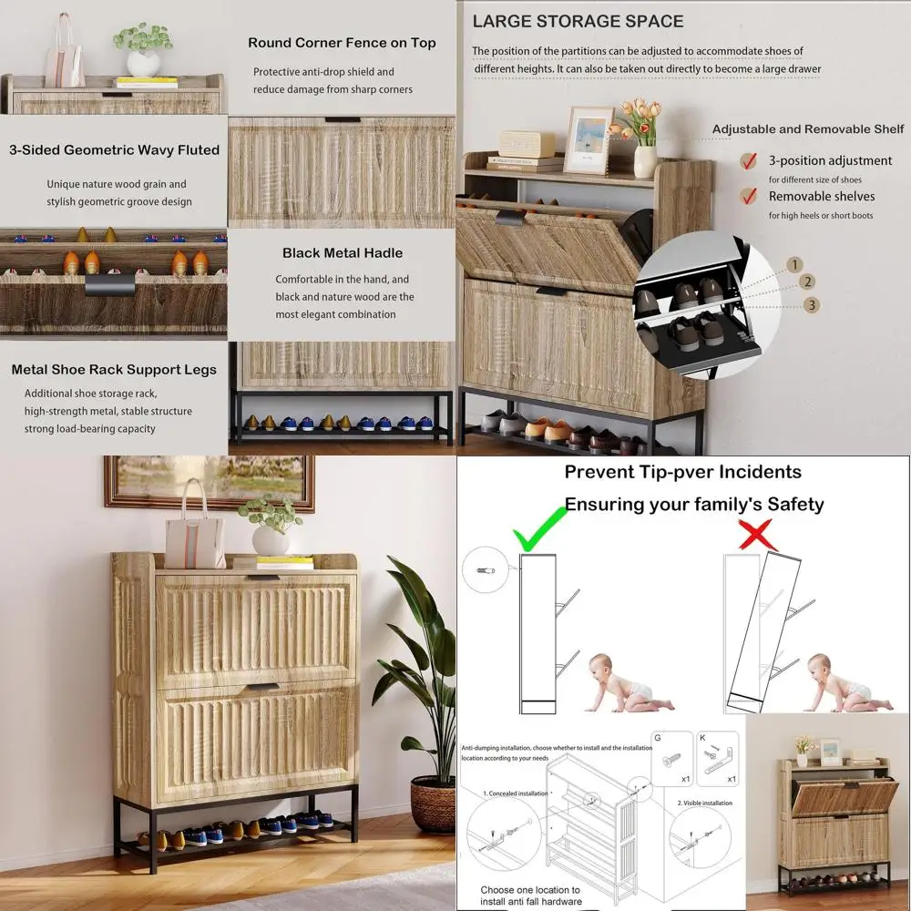 Wooden Shoe Storage Cabinet with Flip Drawers and Metal Legs, 3-Sided Wavy Design, 31.5x9.5x40
Wooden Shoe Storage Cabinet with Flip Drawers and Metal Legs, 3-Sided Wavy Design, 31.5x9.5x40