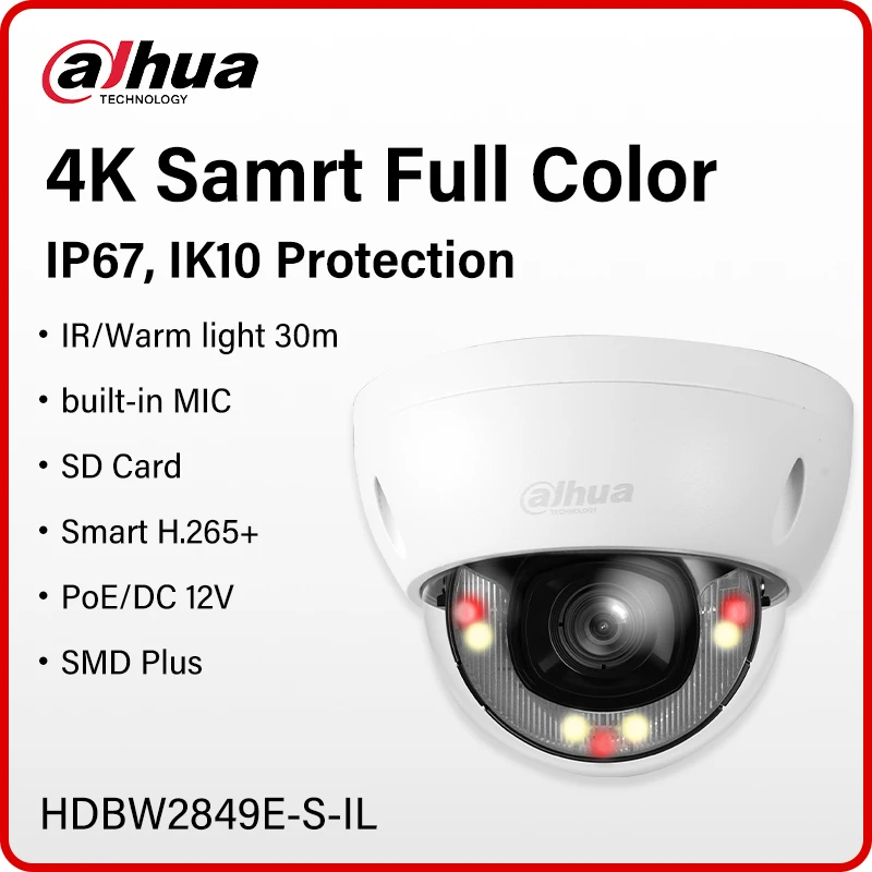 Уличная полноцветная купольная камера Dahua 4K IP67 IK10, водонепроницаемая и антивандальная, 8 МП, защита по периметру, IP-микрофон для видеонаблюдения HDBW2849E-S-IL
Уличная полноцветная купольная камера Dahua 4K IP67 IK10, водонепроницаемая и антивандальная, 8 МП, защита по периметру, IP-микрофон для видеонаблюдения HDBW2849E-S-IL
