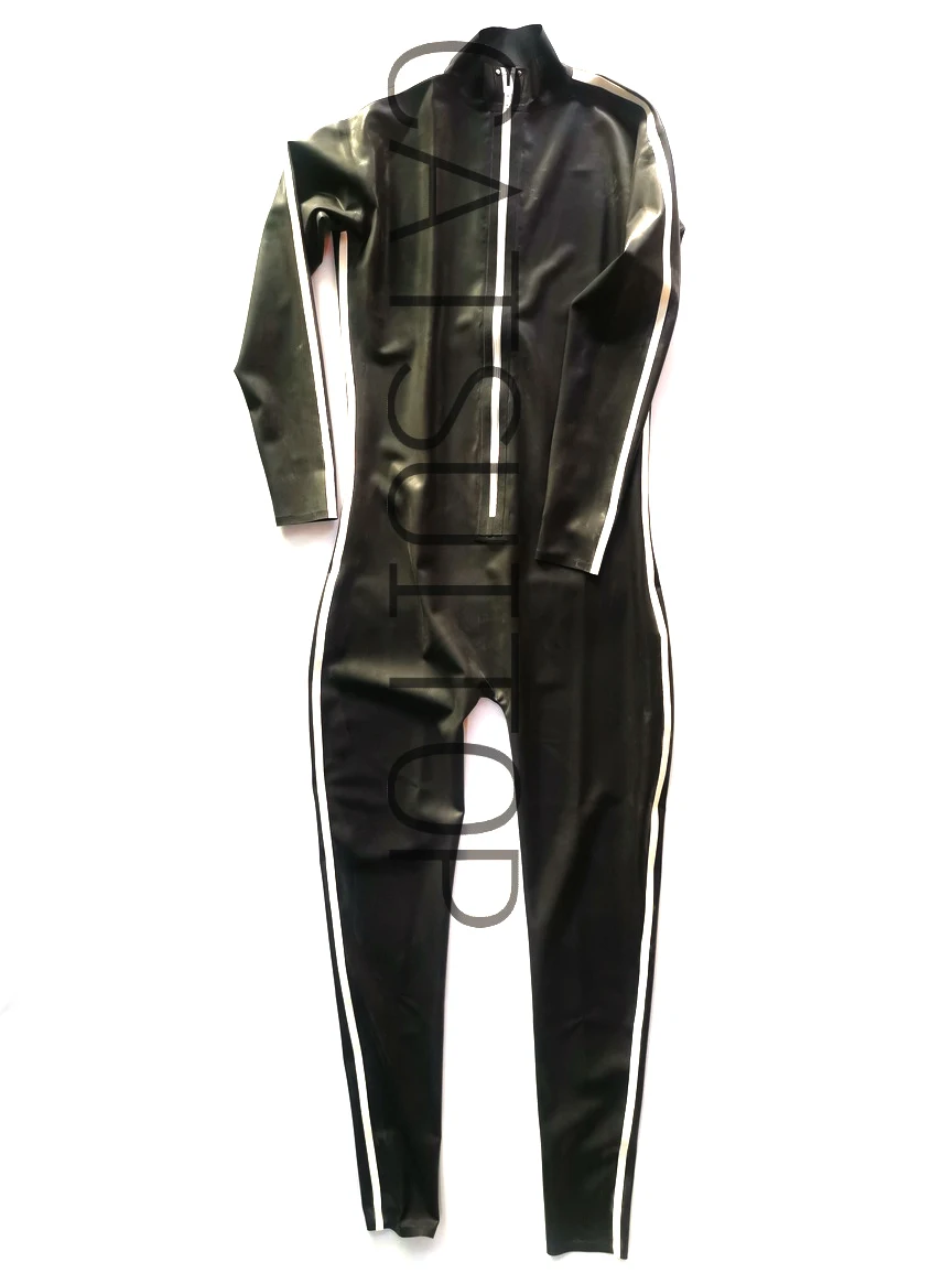 uitop Men's Latex rubber latex catsuit with front zip in black and white 
uitop Men's Latex rubber latex catsuit with front zip in black and white