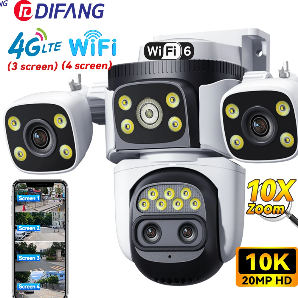 Outdoor 10K 20MP WiFi Security Camera 10X Optics Zoom Four Lens Four Screen 360° CCTV 8K 4G Sim Card Wireless Surveillance Cam
Outdoor 10K 20MP WiFi Security Camera 10X Optics Zoom Four Lens Four Screen 360° CCTV 8K 4G Sim Card Wireless Surveillance Cam