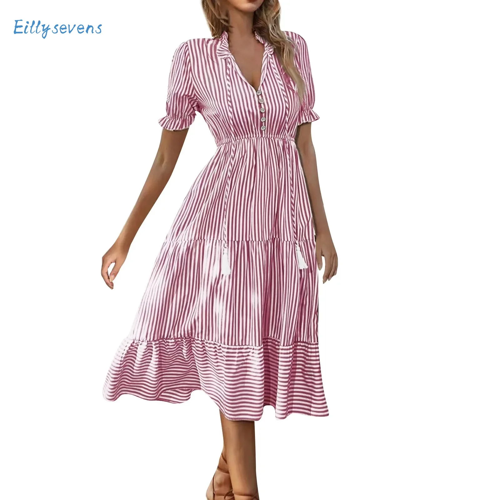 Women'S Striped V-Neck Dresses Summer New Elastic High Waist Short Sleeve Swing Dress Daily Date Vacation Matching Dress
Women'S Striped V-Neck Dresses Summer New Elastic High Waist Short Sleeve Swing Dress Daily Date Vacation Matching Dress