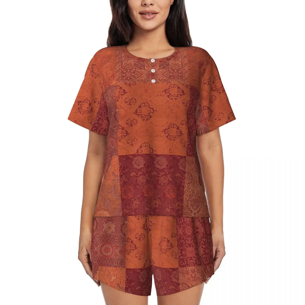 Vintage Bohemian Quilt In Burnt Orange Round Neck Short Sleeve Nightgowns for Sleeping Women Loose Pajama Set Short Pants
Vintage Bohemian Quilt In Burnt Orange Round Neck Short Sleeve Nightgowns for Sleeping Women Loose Pajama Set Short Pants