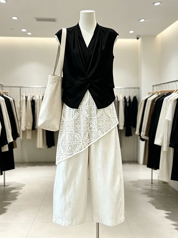 Large Size Women's Summer New Style V-Neck Sleeveless Lace Wide Leg Pants Set Casual Loose Fit High Waist Nine Points Pants
Large Size Women's Summer New Style V-Neck Sleeveless Lace Wide Leg Pants Set Casual Loose Fit High Waist Nine Points Pants