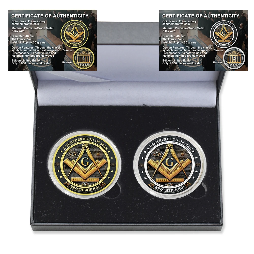 2pc/Box Brothers Freemasonry Commemorative Coin Brotherhood Metal Challenge Coin with Certificate and Gift Box Collectibles Gift
2pc/Box Brothers Freemasonry Commemorative Coin Brotherhood Metal Challenge Coin with Certificate and Gift Box Collectibles Gift