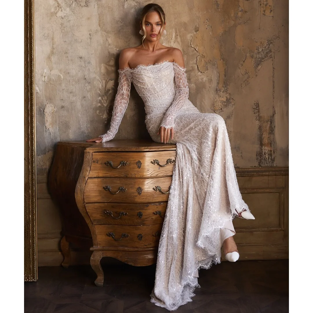 Exquisite Wedding Dresses Long Sleeves Sequined Bridal Gown Sparkly Off the Shoulder Beading Luxury robe de mariée Customized
Exquisite Wedding Dresses Long Sleeves Sequined Bridal Gown Sparkly Off the Shoulder Beading Luxury robe de mariée Customized