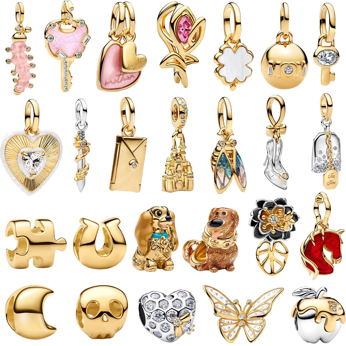 Hot Sale 925 Sterling Silver Charms Golden Heart Bee Flower key Moon Dog Beads Bracelets Necklaces Womens DIY Jewelry Gift
Hot Sale 925 Sterling Silver Charms Golden Heart Bee Flower key Moon Dog Beads Bracelets Necklaces Womens DIY Jewelry Gift