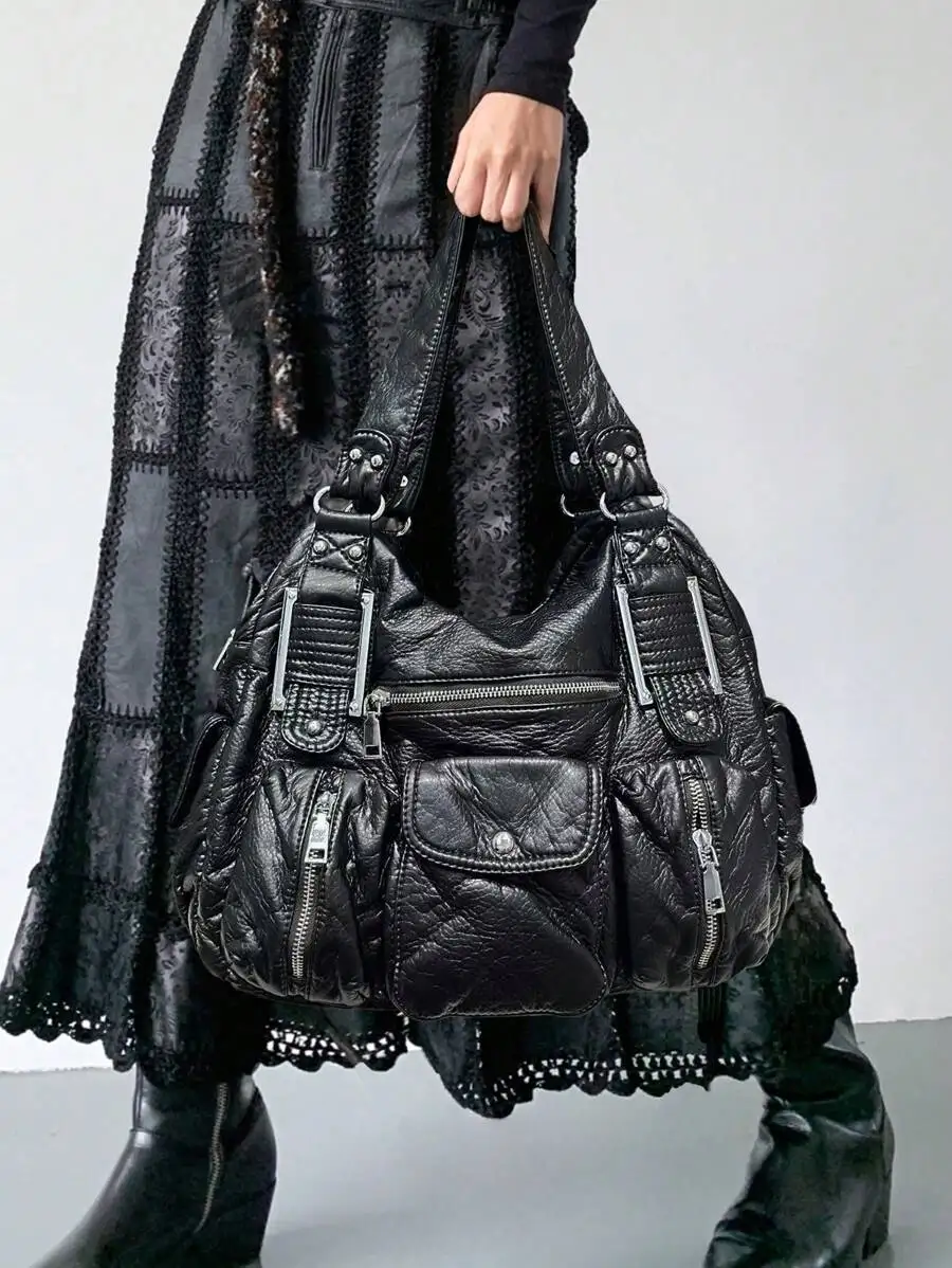 Ladies' Retro Plain Leather Motorcycle Handbag, Multi Pocket Shoulder Bag, Detachable Shoulder Strap, Personalized Street Y2K Crossbody Bag
Ladies' Retro Plain Leather Motorcycle Handbag, Multi Pocket Shoulder Bag, Detachable Shoulder Strap, Personalized Street Y2K Crossbody Bag