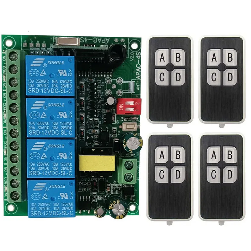 AC110V 220V 230V 4CH 4 CH 10A Wireless Remote Control Switches 220V Relay Output Radio RF Transmitter And 315Mhz/433Mhz Receiver
AC110V 220V 230V 4CH 4 CH 10A Wireless Remote Control Switches 220V Relay Output Radio RF Transmitter And 315Mhz/433Mhz Receiver
