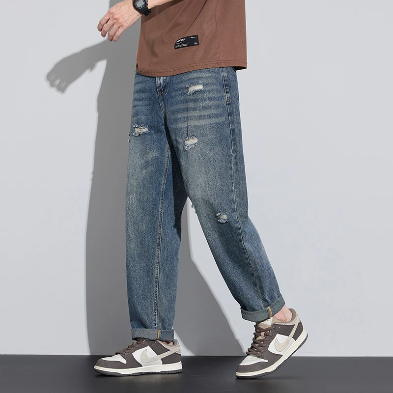 Men's fashionable high-quality worn-out jeans, loose straight leg casual high street style, spring and summer new multi-function 
Men's fashionable high-quality worn-out jeans, loose straight leg casual high street style, spring and summer new multi-function