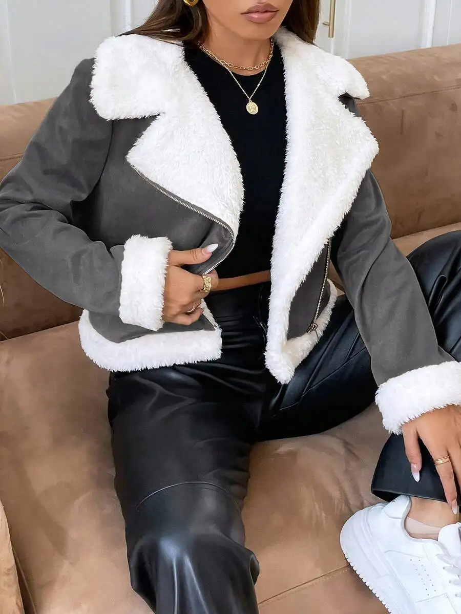 Women's Faux Suede Moto Jacket with Teddy Fleece Lining, Open Front Zipper Design
Women's Faux Suede Moto Jacket with Teddy Fleece Lining, Open Front Zipper Design