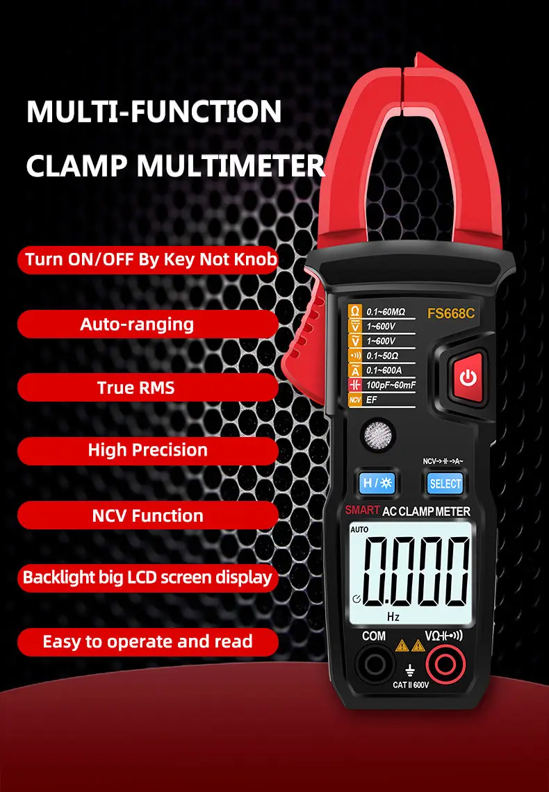 Digital Clamp Meter DC/AC Current Voltage Tester Auto Range Multimeter 6000 Count True RMS NCV Ohm Tester
Digital Clamp Meter DC/AC Current Voltage Tester Auto Range Multimeter 6000 Count True RMS NCV Ohm Tester