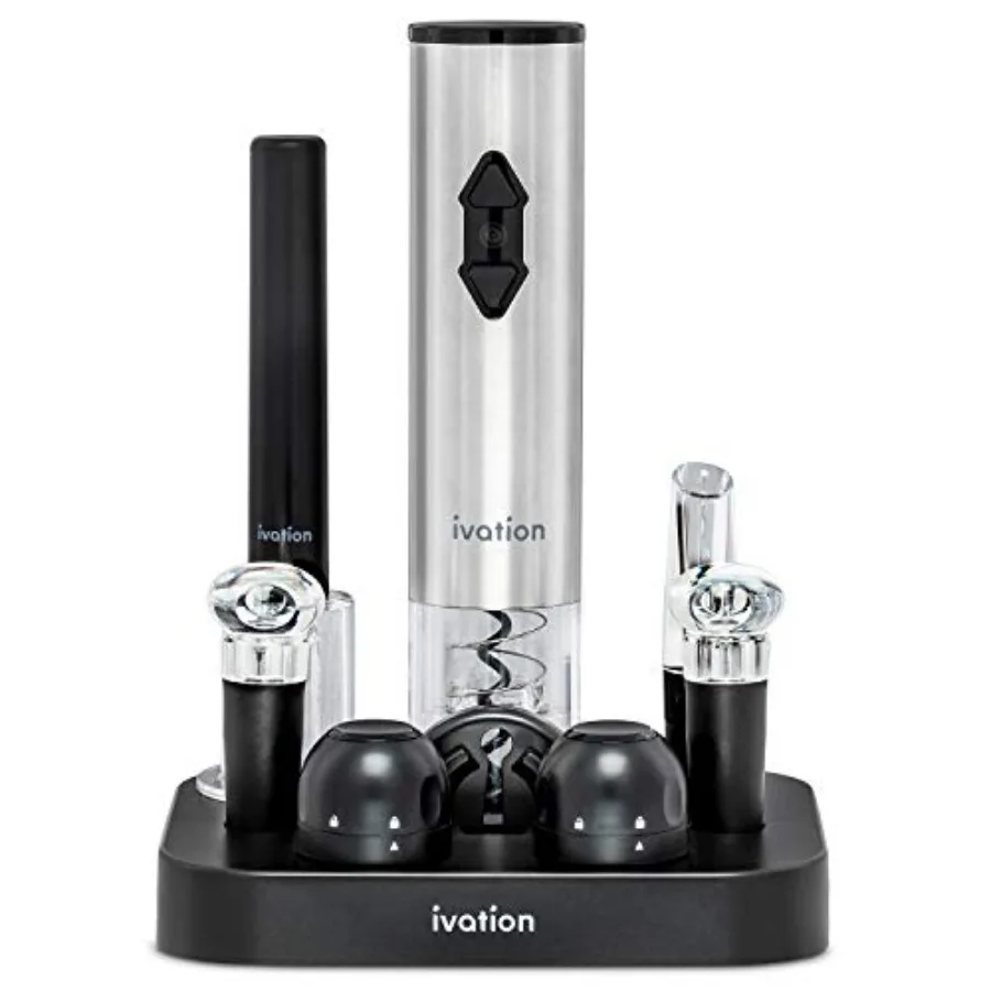 9-Piece Wine Set Electric Opener Air Pump Pourer with Aerator Wine and Champagne Stoppers Foil Cutter and Stand.
9-Piece Wine Set Electric Opener Air Pump Pourer with Aerator Wine and Champagne Stoppers Foil Cutter and Stand.