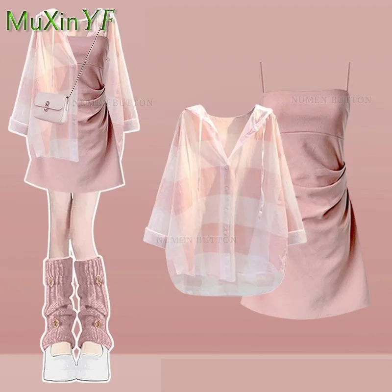 2025 Summer New Korean Elegant In Dress Matching Set Women Fashion Hooded Chiffon Sunscreen Shirt+Sexy Strap Skirt 2-Piece Suit
2025 Summer New Korean Elegant In Dress Matching Set Women Fashion Hooded Chiffon Sunscreen Shirt+Sexy Strap Skirt 2-Piece Suit
