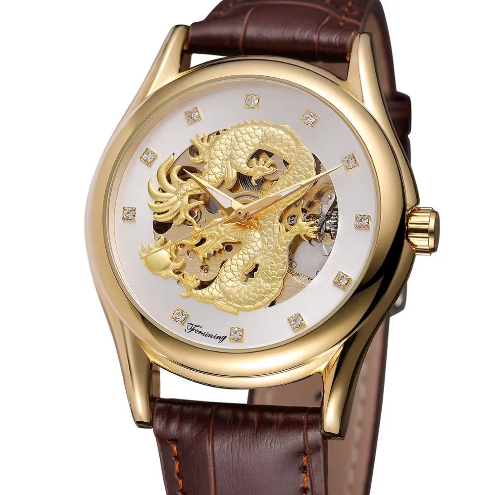 FORSINING WATCH Fashion casual men's watch dragon carved gold case white dial black leather strap automatic mechanical watch
FORSINING WATCH Fashion casual men's watch dragon carved gold case white dial black leather strap automatic mechanical watch