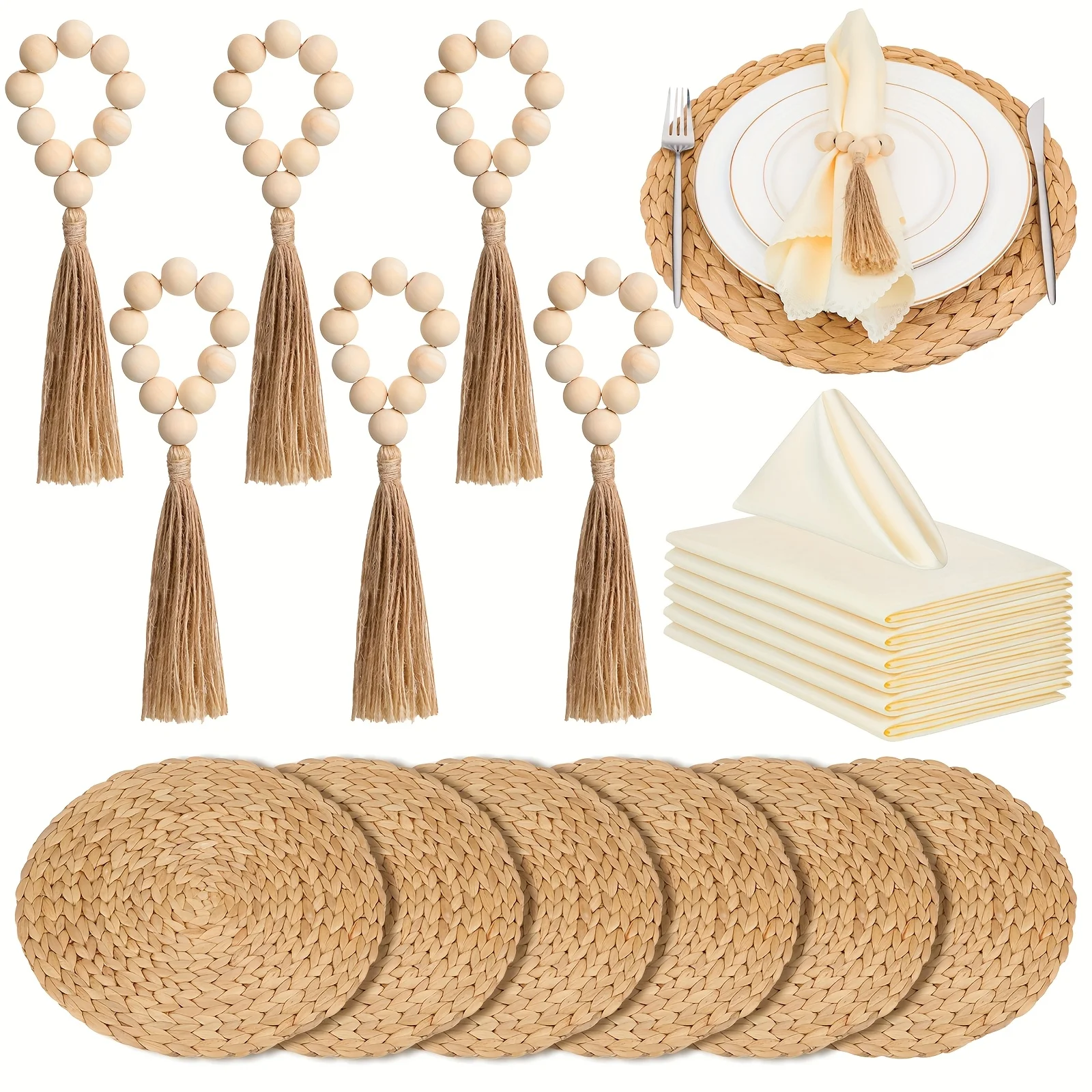 Boho Placemats Wood Bead Napkin Rings with Dinner Napkins Cloth Round Water Hyacinth Placemats Heat Resistant Mats Wooden Rings for Plates Wedding Dining Table (18pcs)
Boho Placemats Wood Bead Napkin Rings with Dinner Napkins Cloth Round Water Hyacinth Placemats Heat Resistant Mats Wooden Rings for Plates Wedding Dining Table (18pcs)