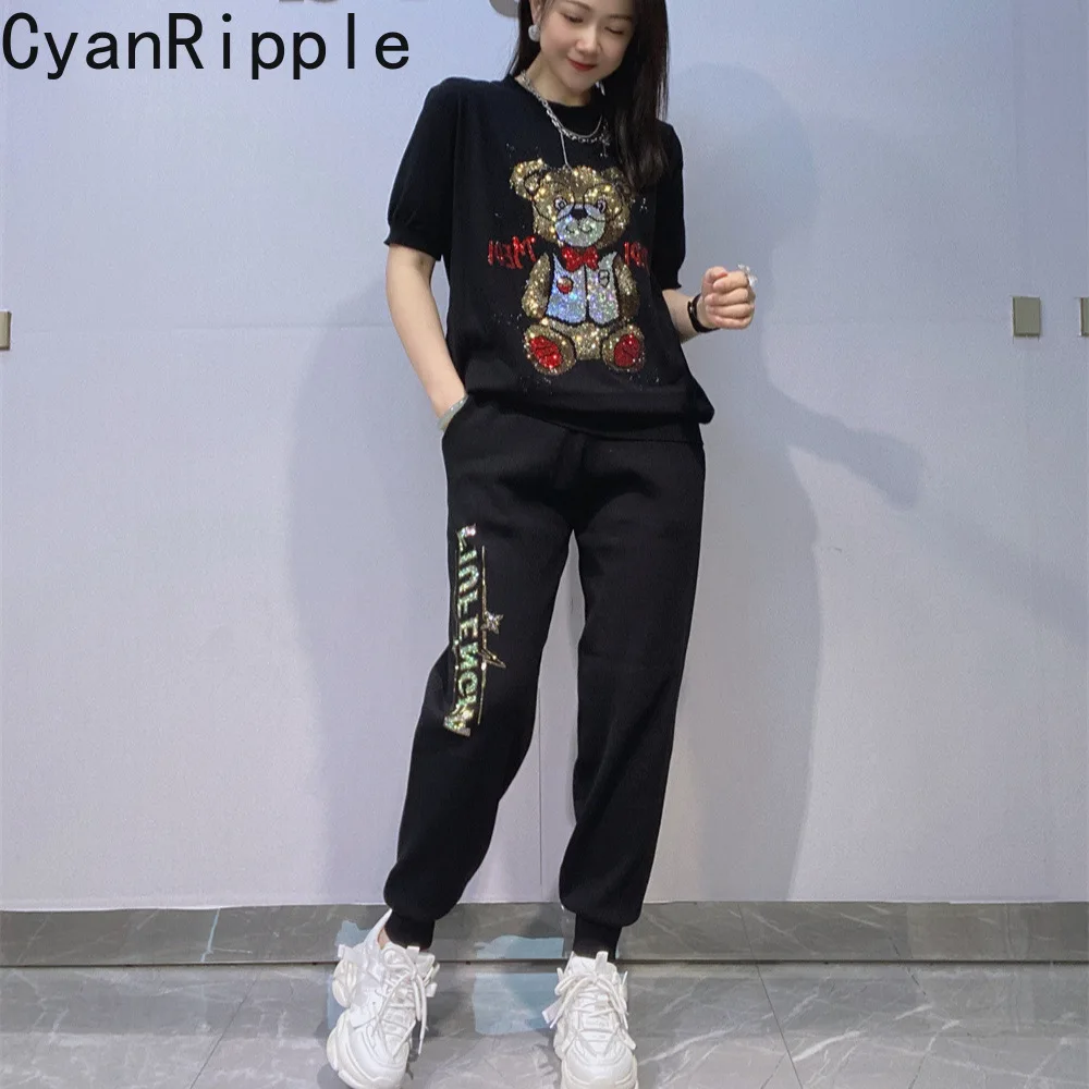 Fashion Spring Summer Women Two-piece Set Hot Diamonds Cartoon Loose Short Sleeve Knitted Sweater Top + Casual Harem Pants
Fashion Spring Summer Women Two-piece Set Hot Diamonds Cartoon Loose Short Sleeve Knitted Sweater Top + Casual Harem Pants