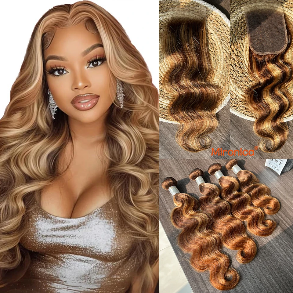 12A Highlight Body Wave Human Hair Bundles With Closure 4X4 HD Transparent Lace Frontal P4/27 Honey Brown Color Remy Human Hair Bundles With Closure And 3/4 Bundles 100% Human Hair Unprocessed Brazilian Hair Double Weft Virgin Hair Extensions
12A Highlight Body Wave Human Hair Bundles With Closure 4X4 HD Transparent Lace Frontal P4/27 Honey Brown Color Remy Human Hair Bundles With Closure And 3/4 Bundles 100% Human Hair Unprocessed Brazilian Hair Double Weft Virgin Hair Extensions