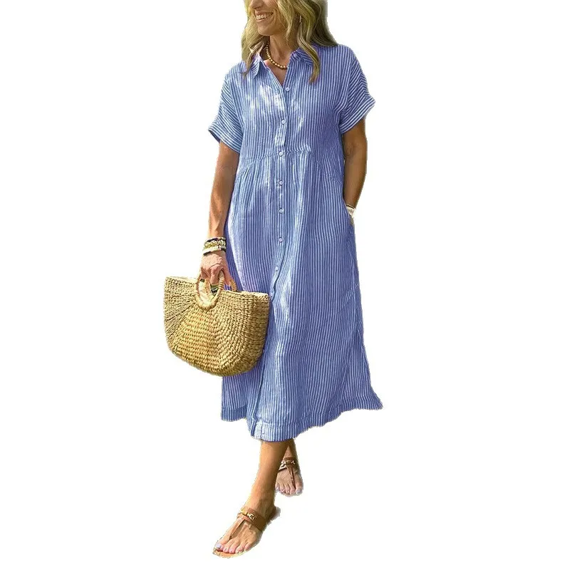 European American Loose Large Size Striped Short-sleeved Shirt Dress Women's Summer New Casual Cotton Linen Medium Long Skirt
European American Loose Large Size Striped Short-sleeved Shirt Dress Women's Summer New Casual Cotton Linen Medium Long Skirt