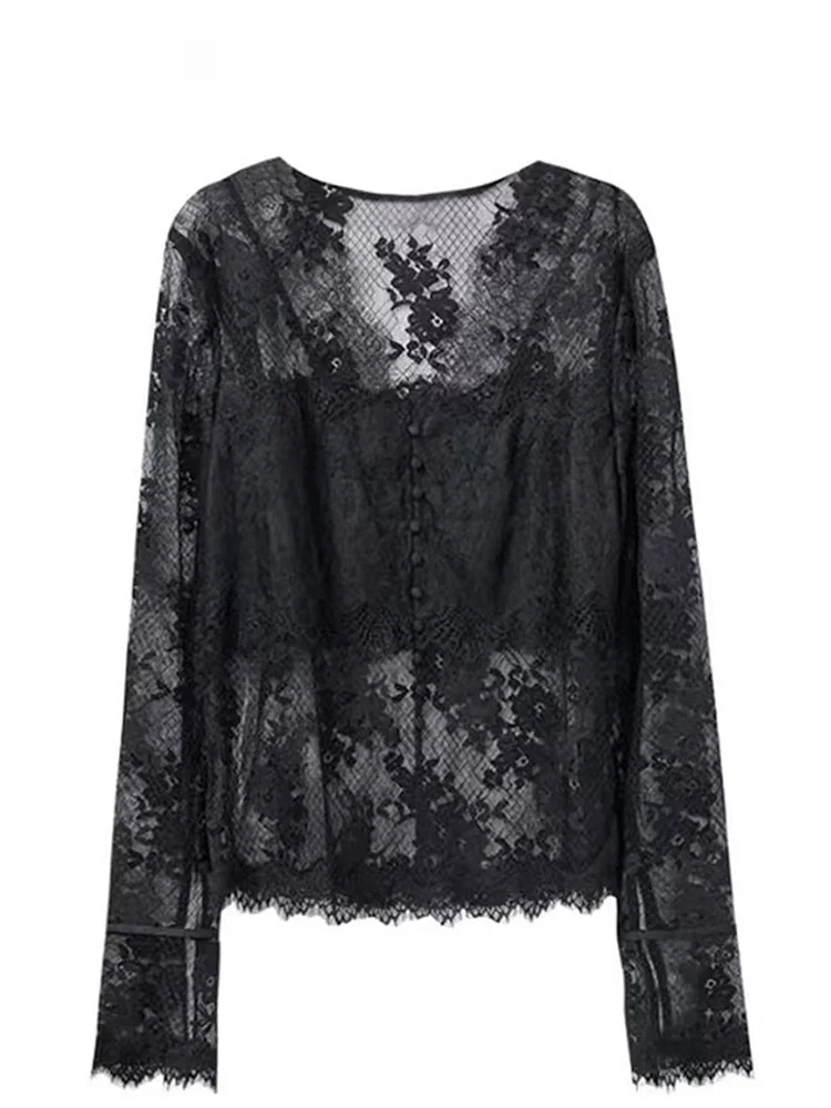 Elegant Black Lace Shirt Slim Fit Long Sleeve V-Neck Hollow out Design Autumn New Women's Fashion Top Comfortable Commute Style
Elegant Black Lace Shirt Slim Fit Long Sleeve V-Neck Hollow out Design Autumn New Women's Fashion Top Comfortable Commute Style