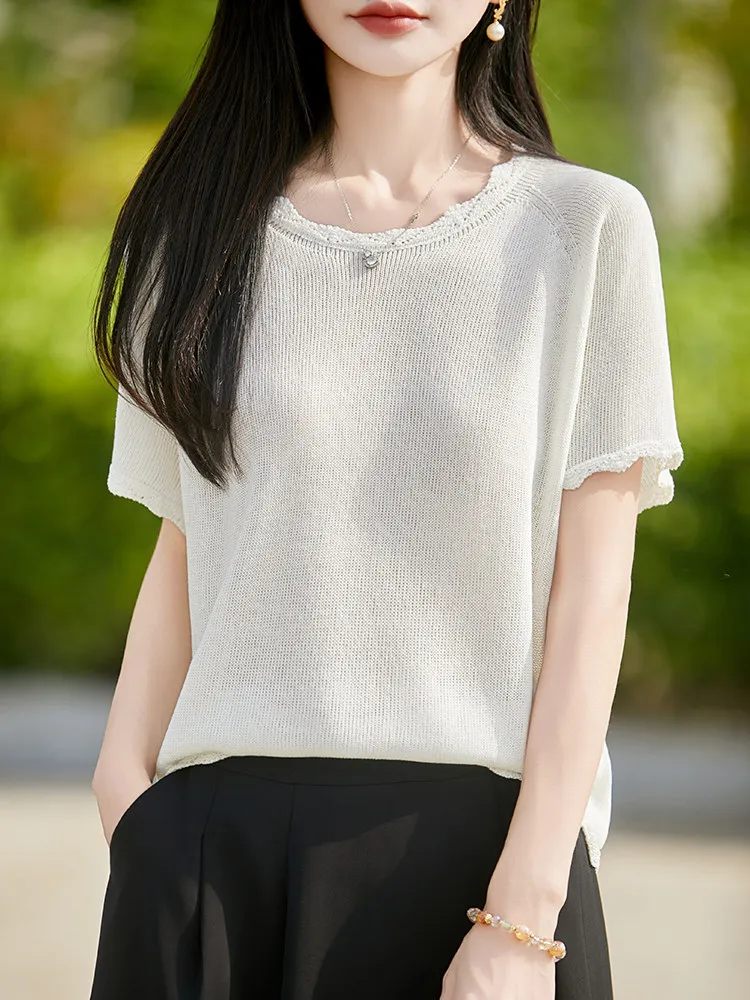 Minimalist round Neck Ice Silk Linen Knitted Short Sleeve Women's T-Shirt Summer Thin Loose Slim Fit Cuffed Top
Minimalist round Neck Ice Silk Linen Knitted Short Sleeve Women's T-Shirt Summer Thin Loose Slim Fit Cuffed Top