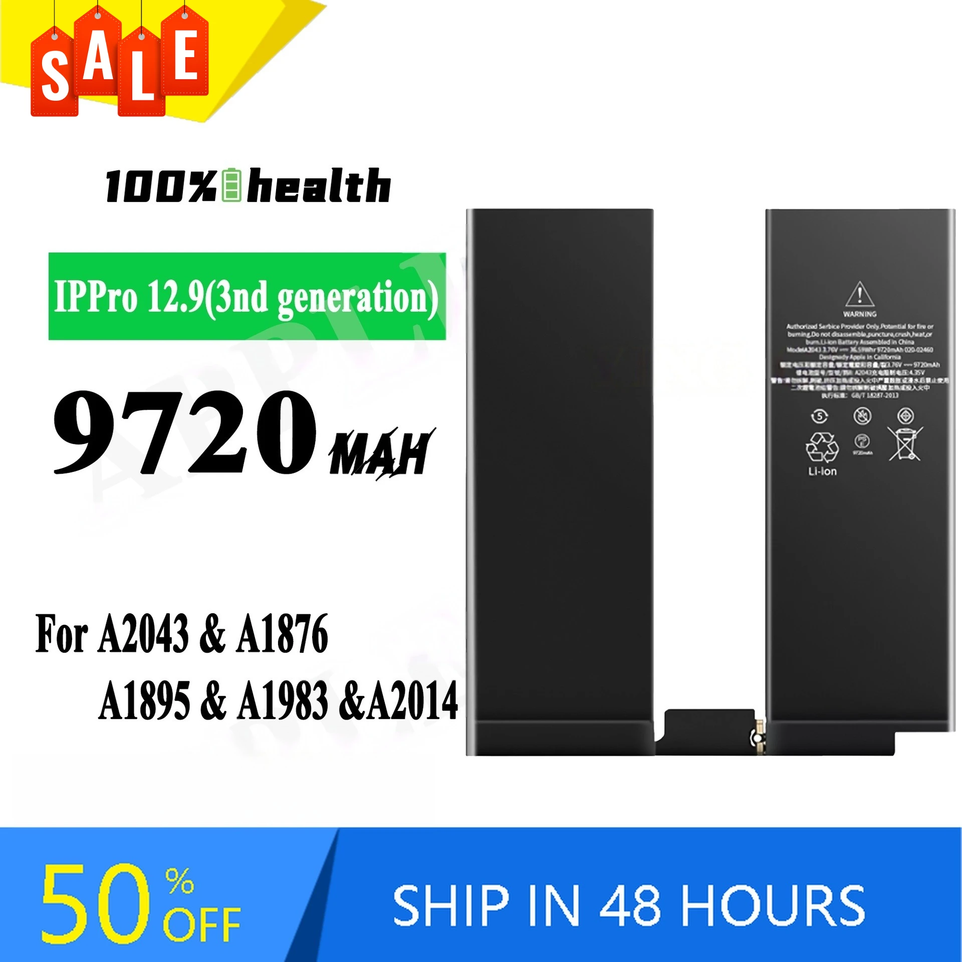 9720mAh Tablet Battery for Apple IPad Pro 12.9 Generation 3 4 A2043 A1876 A1895 A1983 A2014 Lithium Rechargeable Battery
9720mAh Tablet Battery for Apple IPad Pro 12.9 Generation 3 4 A2043 A1876 A1895 A1983 A2014 Lithium Rechargeable Battery
