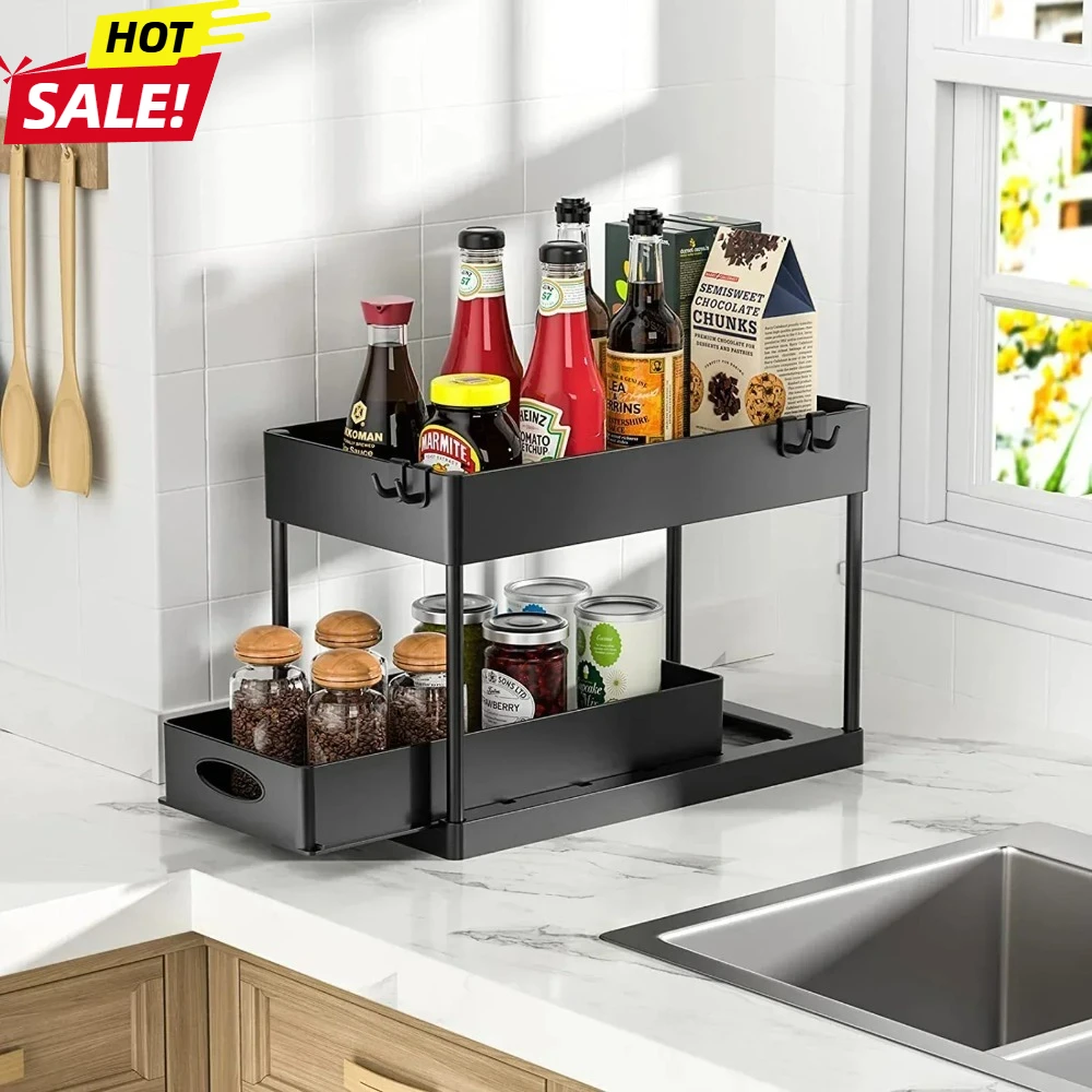 Двухуровневый выдвижной шкаф для хранения на раковине с выдвижными корзинами и крючками, подходит для хранения в ванной и кухне 
Двухуровневый выдвижной шкаф для хранения на раковине с выдвижными корзинами и крючками, подходит для хранения в ванной и кухне