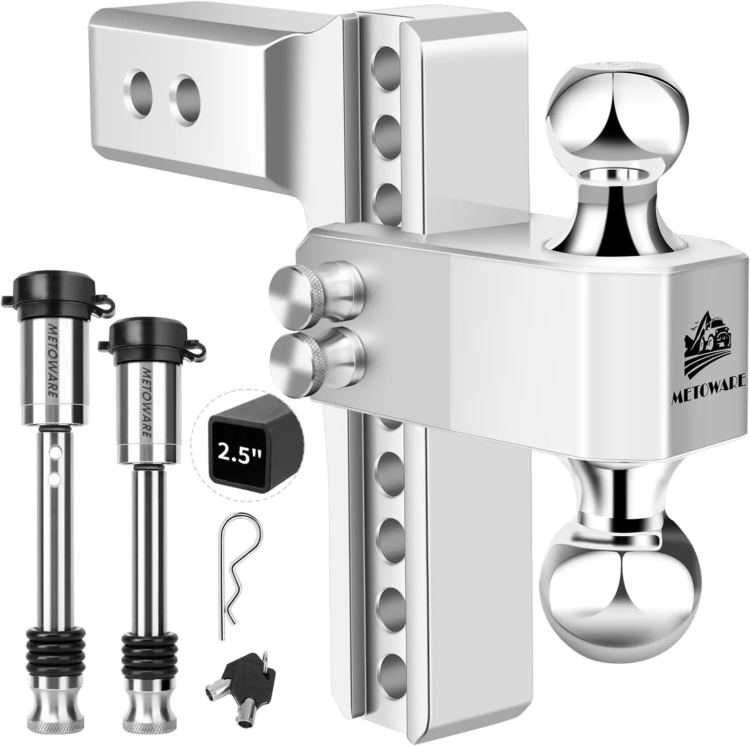 Adjustable Trailer Hitch 2.5-Inch Receiver, 18,000 LBS GTW, 8-Inch Drop/Rise, Heavy Duty Aluminum with Double Stainless Steel
Adjustable Trailer Hitch 2.5-Inch Receiver, 18,000 LBS GTW, 8-Inch Drop/Rise, Heavy Duty Aluminum with Double Stainless Steel