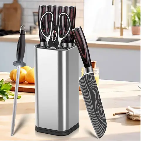 Japanese Knife Set with Block and 8inch Sharpener, Damascus Laser Steel Kitchen Chef Knives with Shear Cutter and Wooden Handle