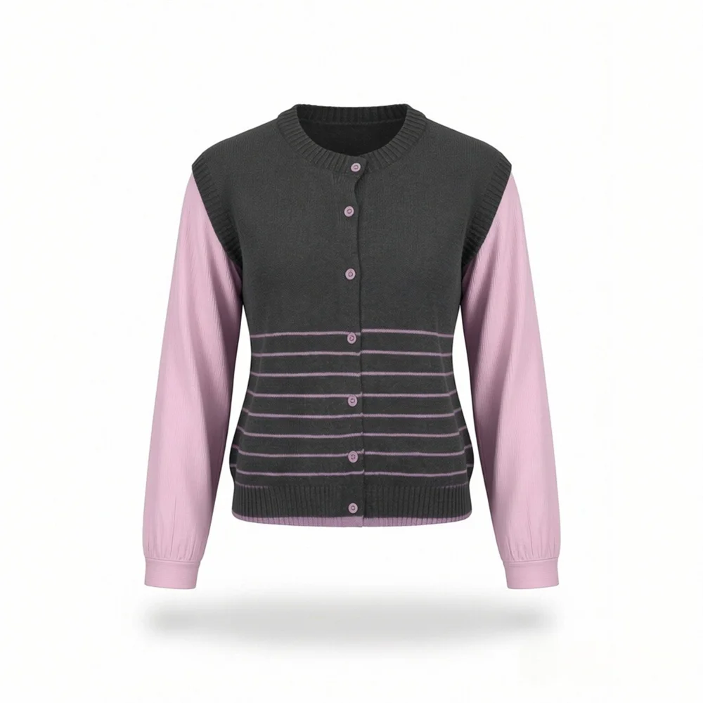 2026 New Women's Commuting Style Fashion Versatile Splicing Color Contrast Stripe Fake Two Piece Knitted Cardigan
2026 New Women's Commuting Style Fashion Versatile Splicing Color Contrast Stripe Fake Two Piece Knitted Cardigan