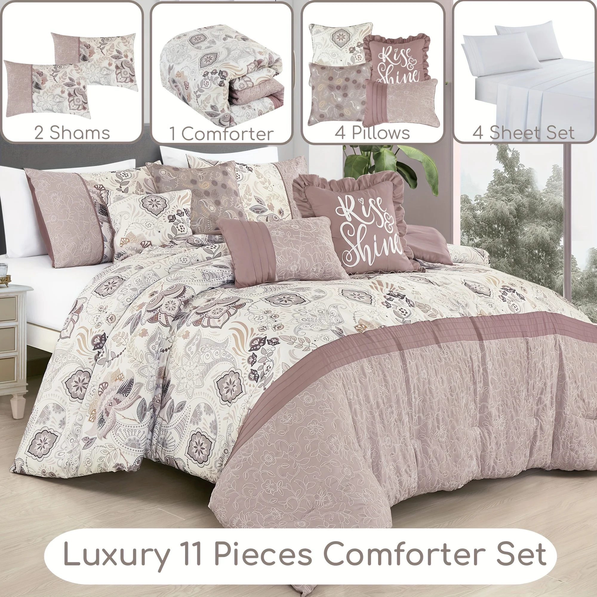 Luxury 11pcs ( 7pcs Comforter Set And 4pcs Sheet Set), Sophisticated And Upscale, Flower And Paisley Design For A Romantic Bedroom.Perfect Gift For Wife, Mum, Grandma.
Luxury 11pcs ( 7pcs Comforter Set And 4pcs Sheet Set), Sophisticated And Upscale, Flower And Paisley Design For A Romantic Bedroom.Perfect Gift For Wife, Mum, Grandma.